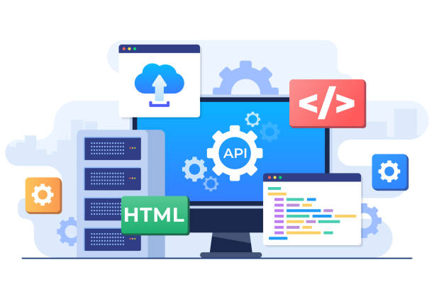 application programming interface concept, api provides the interface for communication between applications, software development tool, internet and networking, simplifying application integration - 系統(tǒng)軟件 幅插畫(huà)檔、美工圖案、卡通及圖標(biāo)