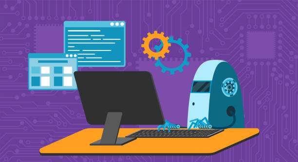 automated work of software, business project development, robot using keyboard at table - 系統(tǒng)軟件開發(fā) 幅插畫檔、美工圖案、卡通及圖標